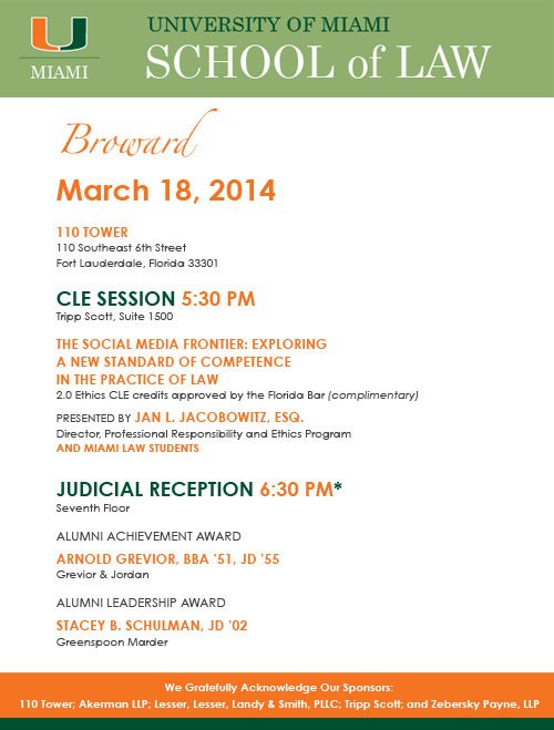 Zeb Law, LLP sponsors University of Miami School of Law and its annual Broward Judicial Reception on March 18, 2014